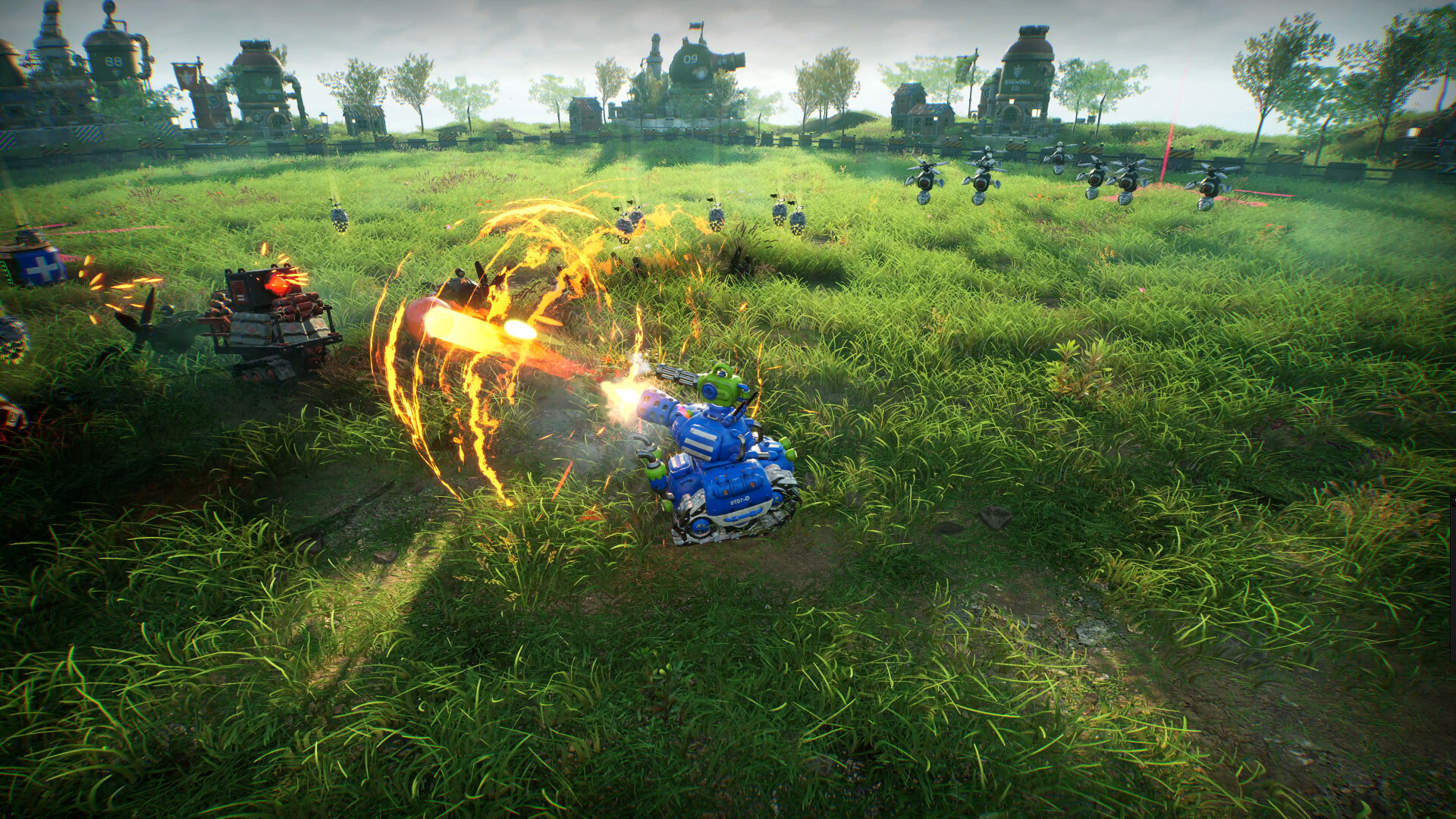 Ballistic Brews: tanks and enemies in a colorful battle arena